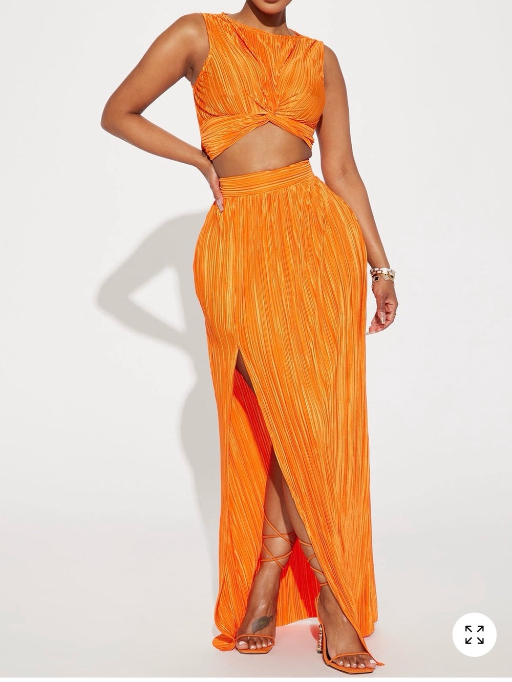 High-Rise Orange Pleated Maxi Skirt Set